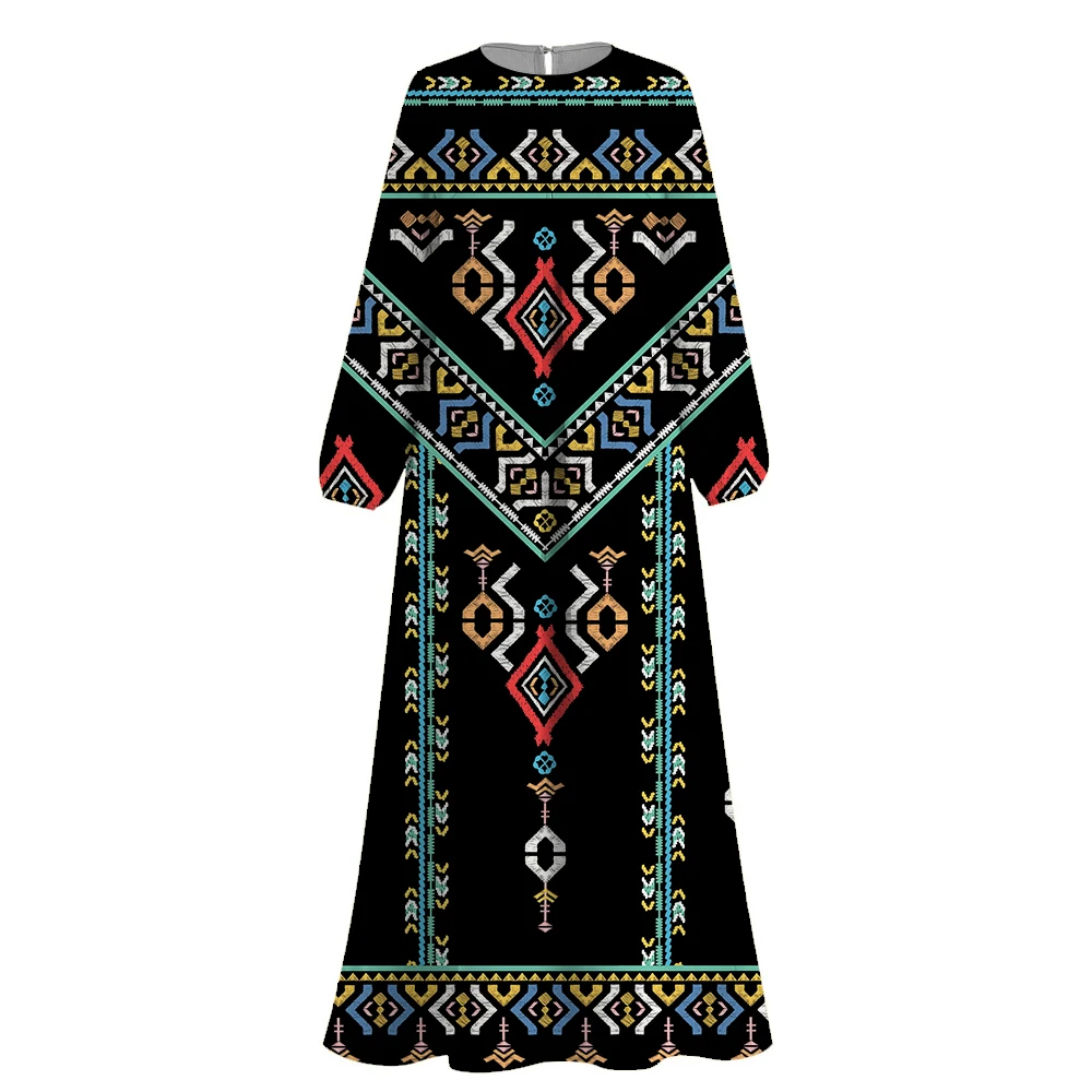 Fashion Abaya Women Muslim Dresses Islamic Clothing Boho Print Dubai Marocain Robe Femme Long Sleeve Round Neck Kaftan Dress