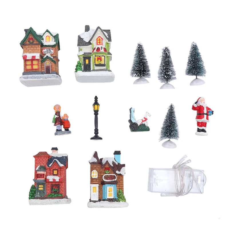 Winter Christmas Resin Village House Scene LED Lighted Luminous Xmas Tree DIY Ornament Holiday Desktop Embellishments Dropship