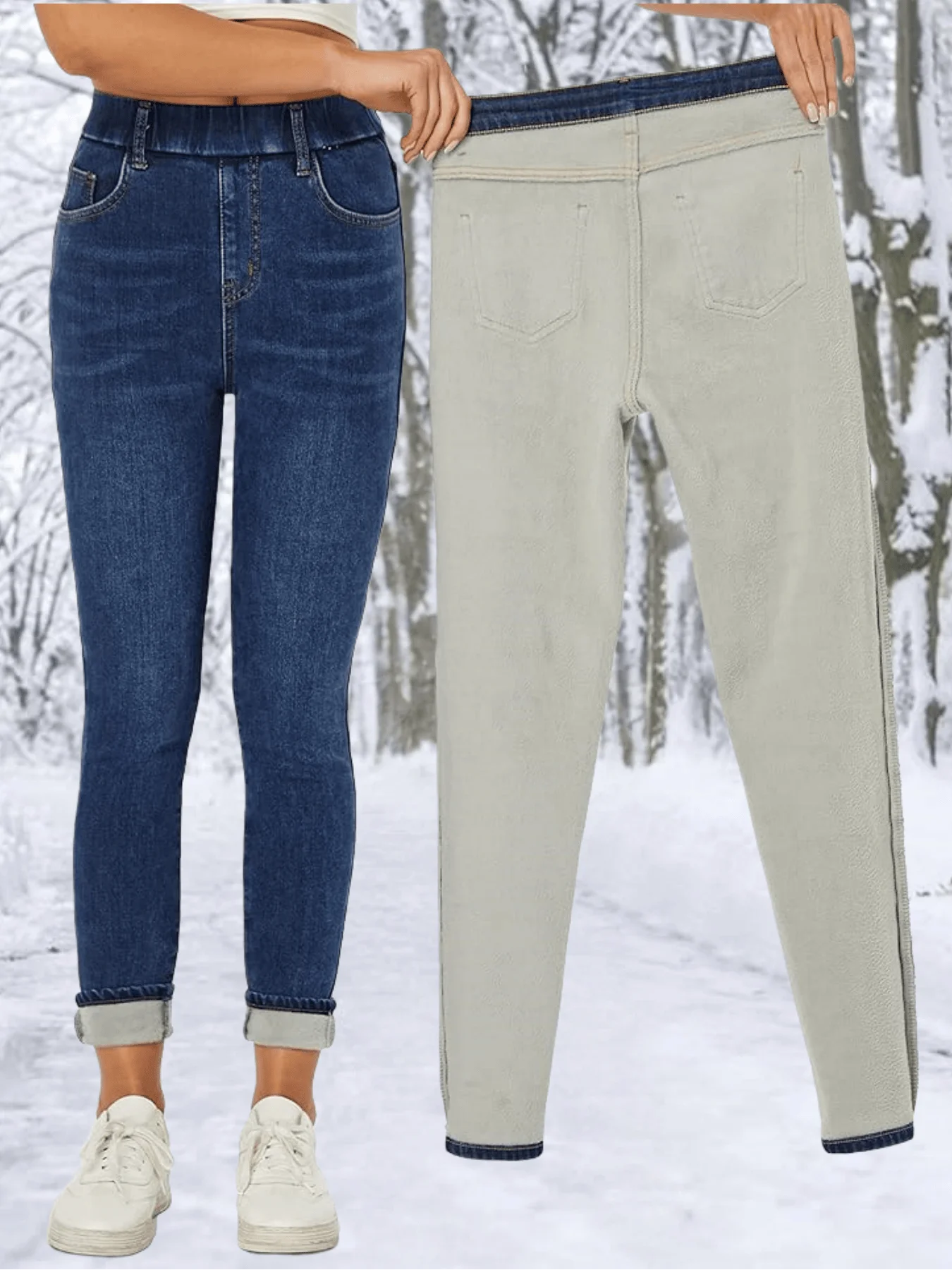 Elastic High Waist Stretchy Washed Slim Fit Thickened Warm Versatile Women's Fleece Lined Jeans