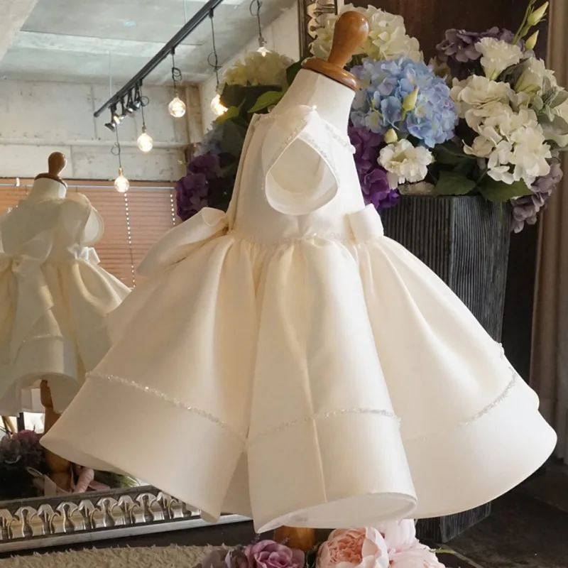 Customized Kids Birthday Party Vestidos O-neck Puff Sleeve Simple Solid Robe Solid Pleated Flower Girls Dress Pleated Bow Prince