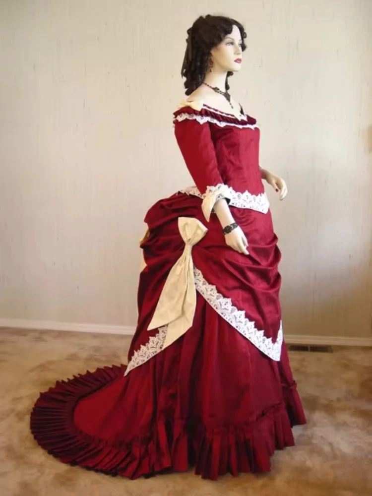 Medieval Victorian Red Bustle Ball Gown Vintage Royal Court Off Shoulder Dress Renaissance Masquerade Party Costume