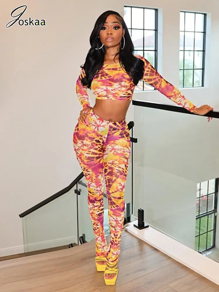 

Joskaa Women's 2025 Abstract Print Two Piece Set Sexy Long Sleeve Crop Top and Skinny Pants Suits Tracksuits Y2K Streetwear