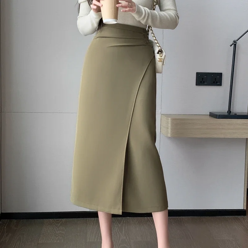 Elegant Zwart Pak Lange Rokken Vrouwen Herfst Winter Hoge Taille Een Lijn Casual Faldas Koreaanse Mode Kleding Kantoor Dames Rok