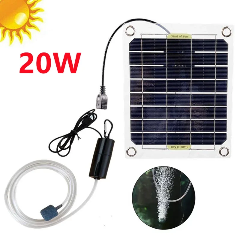 20W Aquarium Luftpumpe Solarbetriebene Oxygenator Aquarium Sauerstoffpumpe USB Lade Teich Wasserpumpe Monokristallines Silizium