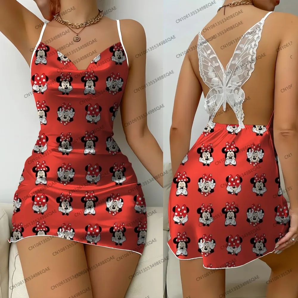 Women's Disney Cartoon Print 2025 Summer Short Skirt Elegant Suspender Sleepwear Sexy Backless Sleeveless Crew Neck Lace Dress