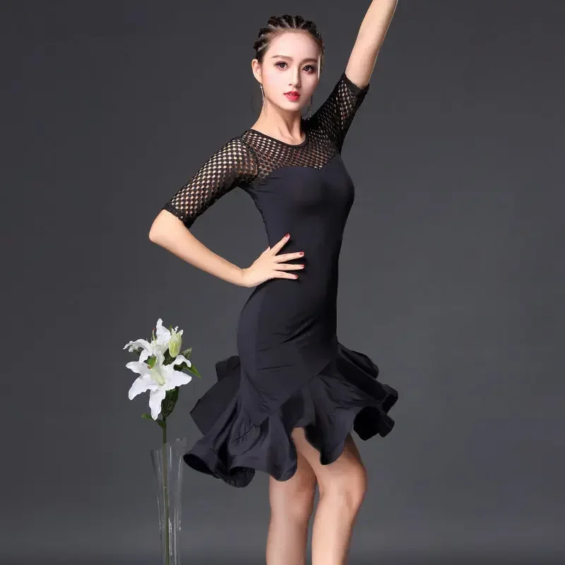 

Fishbone net eye Latin Dance skirt Woman Practice dress 2021 Performance Latin Dance skirt black Woman Latin dance dresses