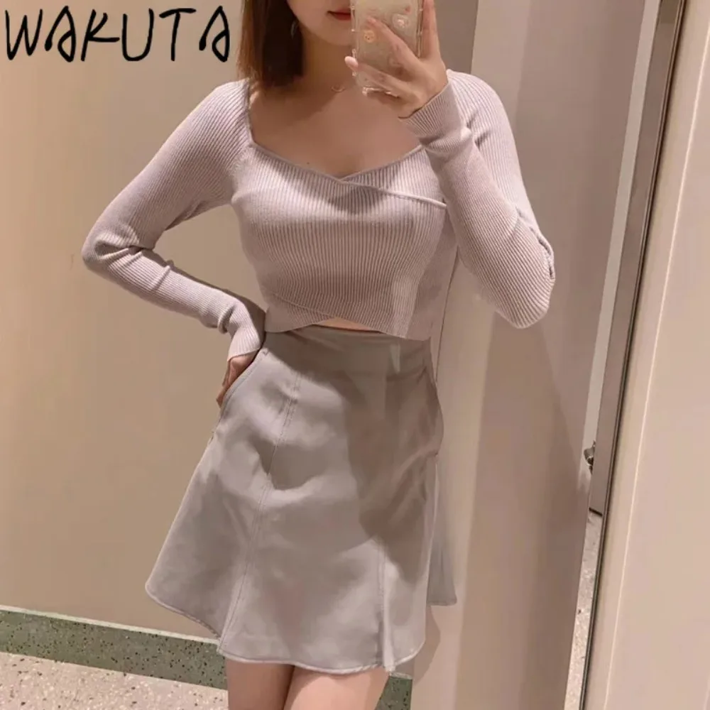 

Wakuta Cross V Neck Long Sleeve Jumpers Fashion Solid All-match Cropped Knitted Top Japan Sweet Pullover Bottomed Sweaters