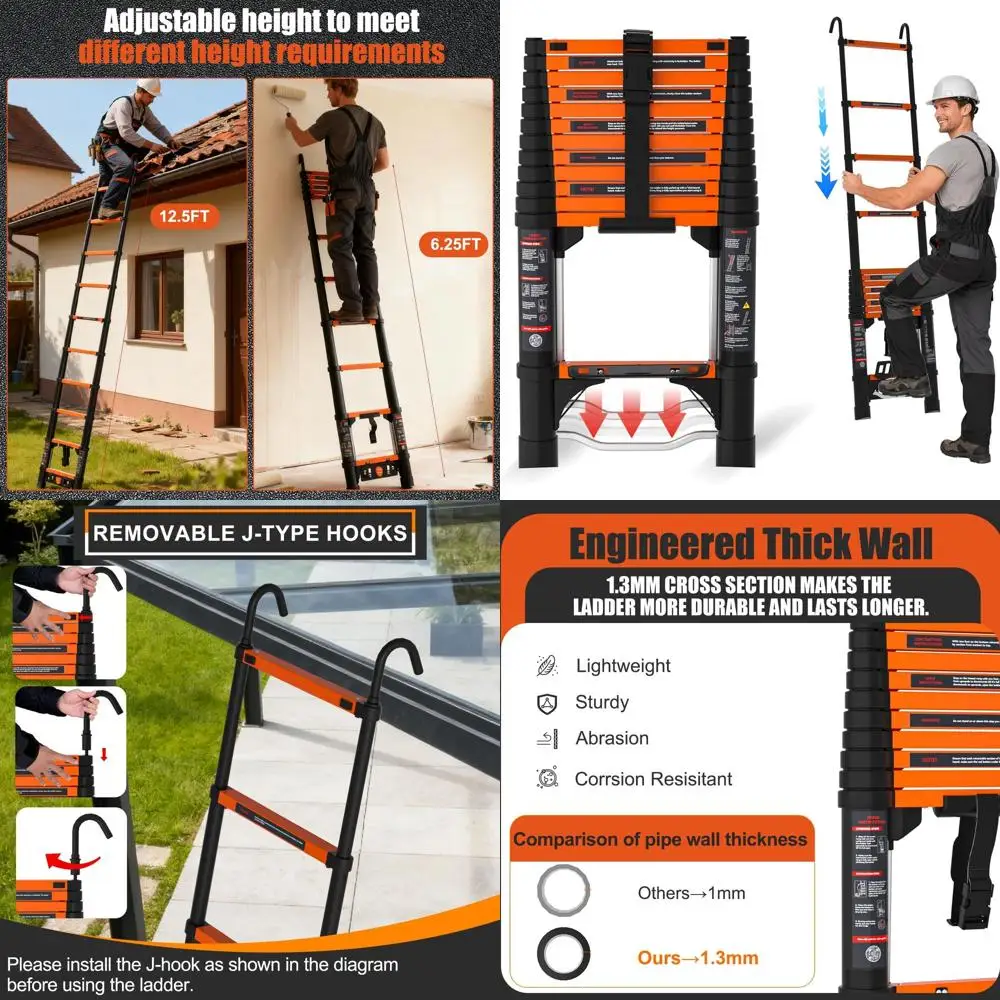 

Алюминиевая телескопическая лестница, 12,5 футов, складная в 3 секунди, нагрузка 330 фунтов, безопасная лестница для автодома/на открытом воздухе