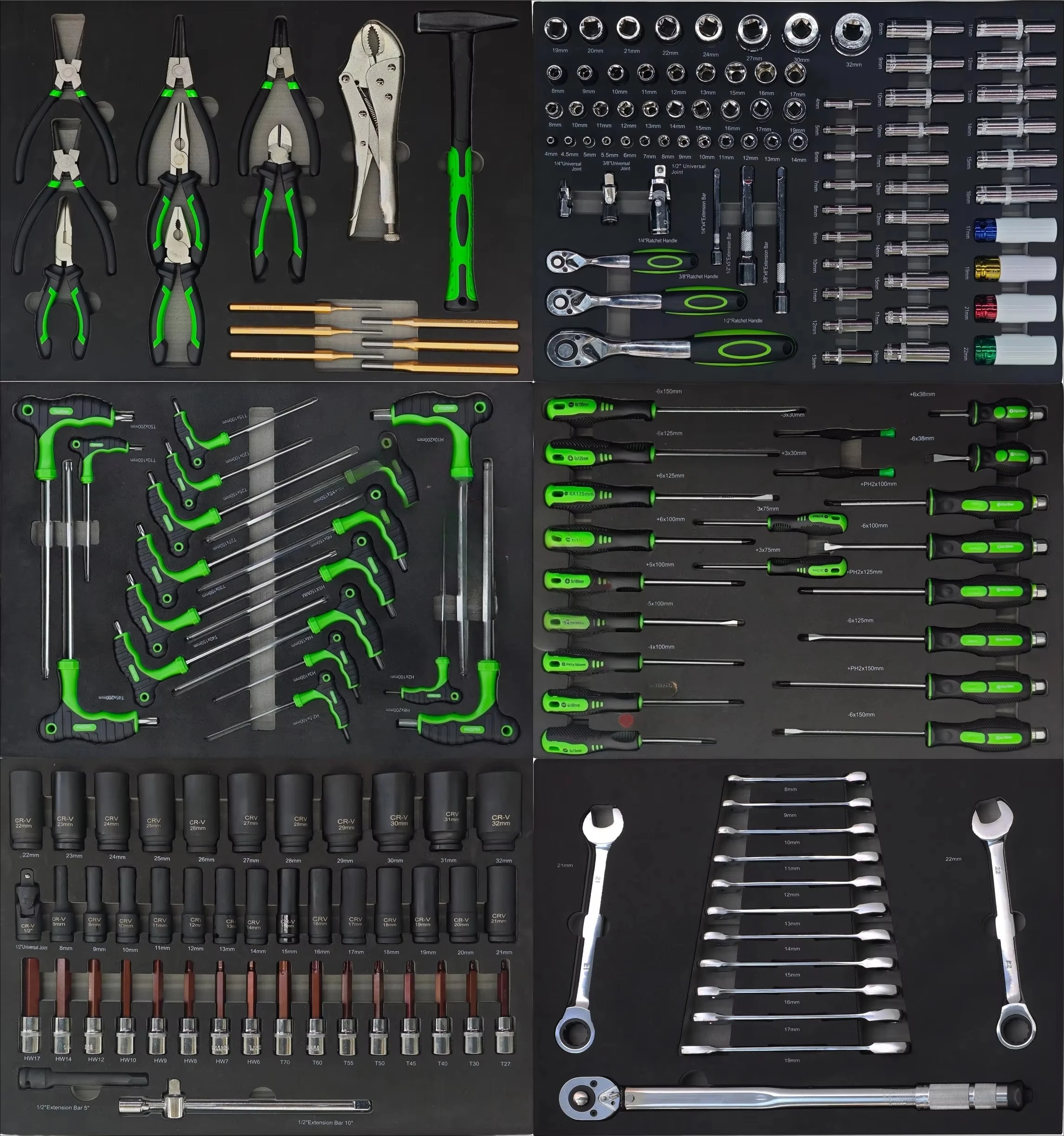 200PCS Green/Black Iron & EVA High Efficiency Hand Mechanic Tool Set With Torque Wrench Socket Screwdriver For Auto Repair OEM