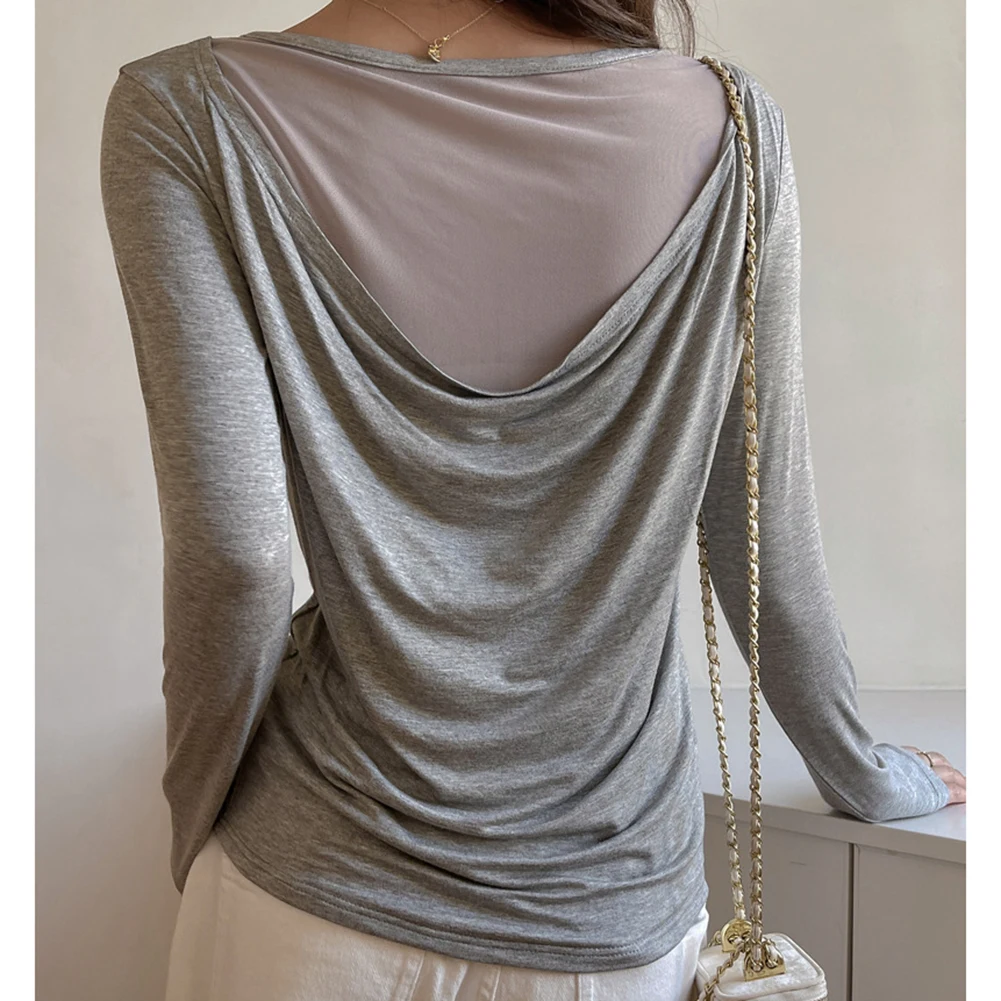 女性用フルスリーブスリムフィットトップ、メッシュバックディテール、オリジナルデザイン、涼しい季節の重ね着に最適