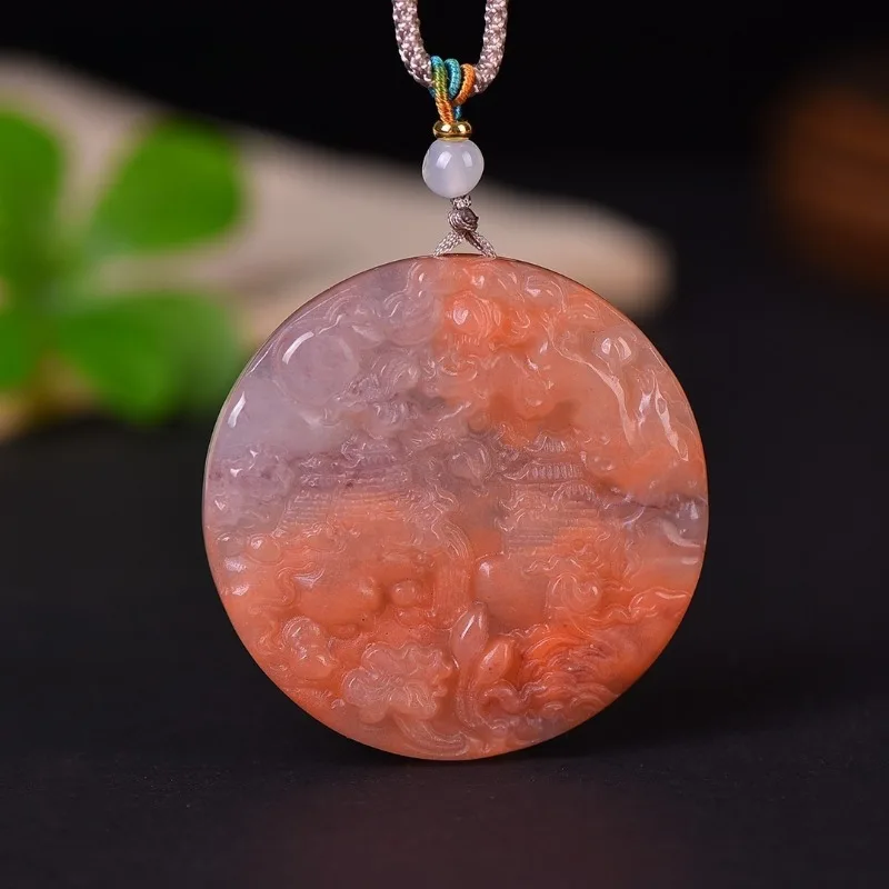 Exquisite Peach Blossom Stuffed Round Landscape Pendant