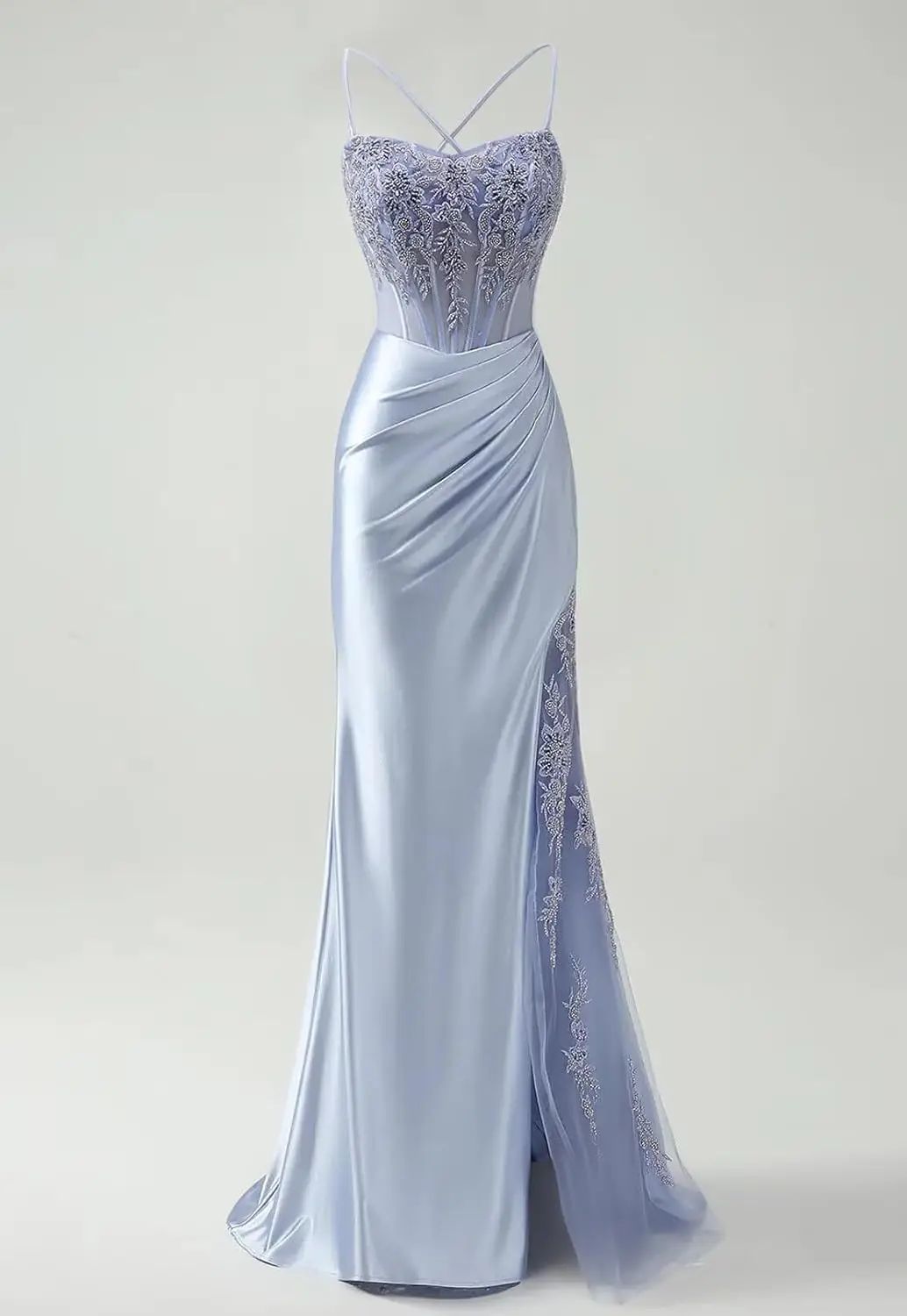 

Mermaid Satin Prom Dresses Lace Appliques Formal Evening Gown with Slit