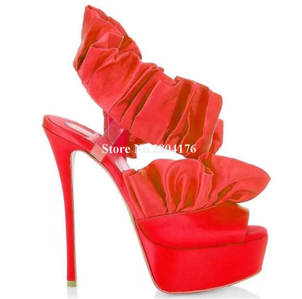 Newest Pink Red Black Blue Satin Ruffles Stiletto Heel Sandals Sexy Peep Toe PVC Straps High Platform Thin Heel Dress Shoes