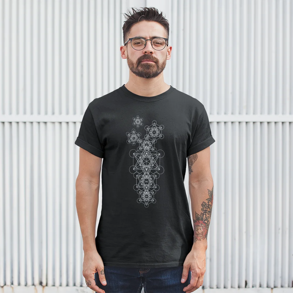 HD-Sacred Geometry Metatron's Cube T-Shirt for Men 100% Cotton printed Novelty Large size Men's clothes Tee Tops Plus Size