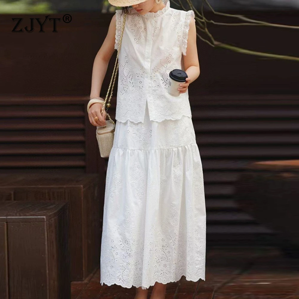 

Летний комплект ZJYT: Длинное платье и юбка, 2 предмета, женский модный костюм с ажурной вышивкой, хлопковый белый топ и юбка, повседневный наряд для женщин