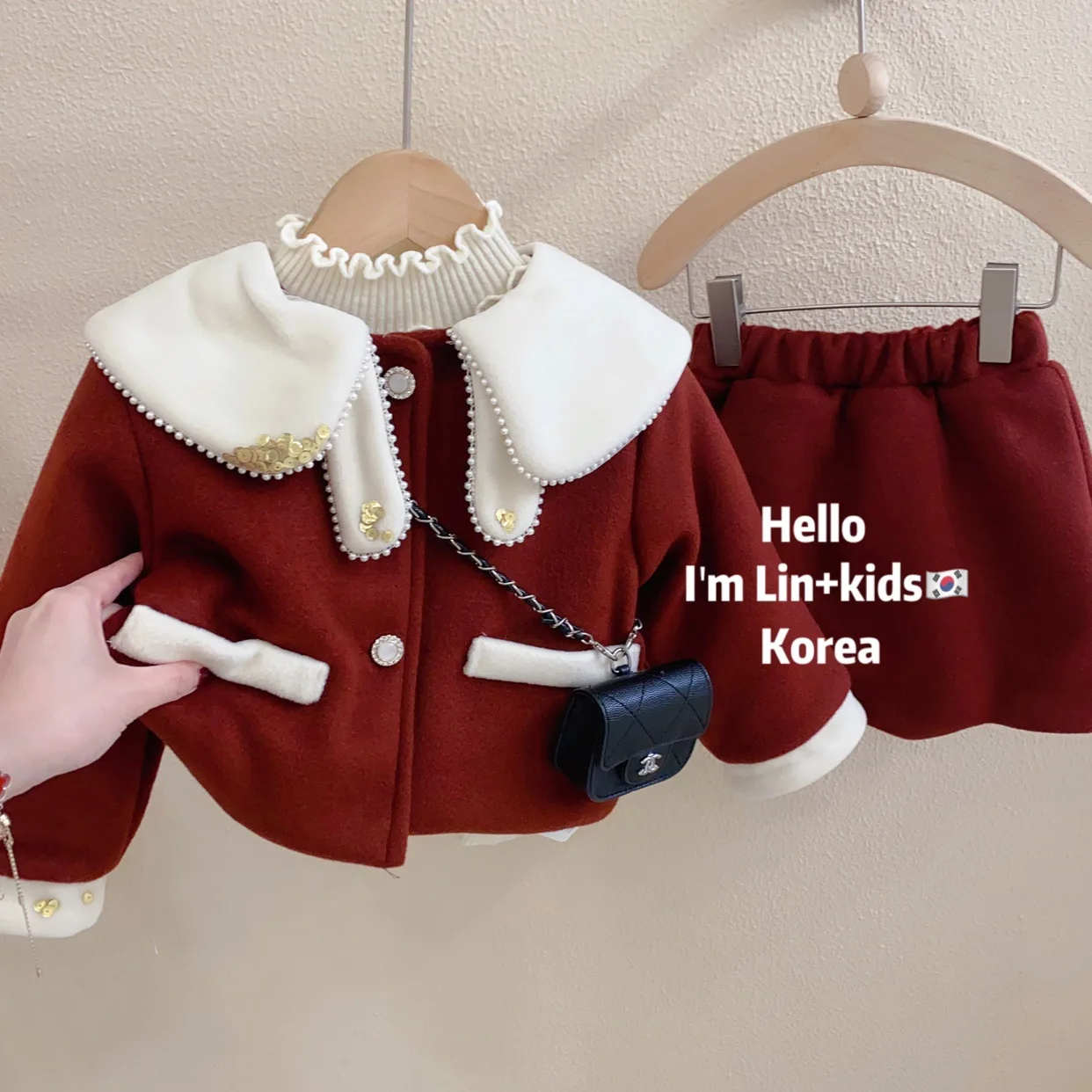 Wool Blend Doll Collar Top & Plaid Short Skirt Two-Piece Set Cozy Clip Cotton Lined Outfit for Girls Little Fragrant Style