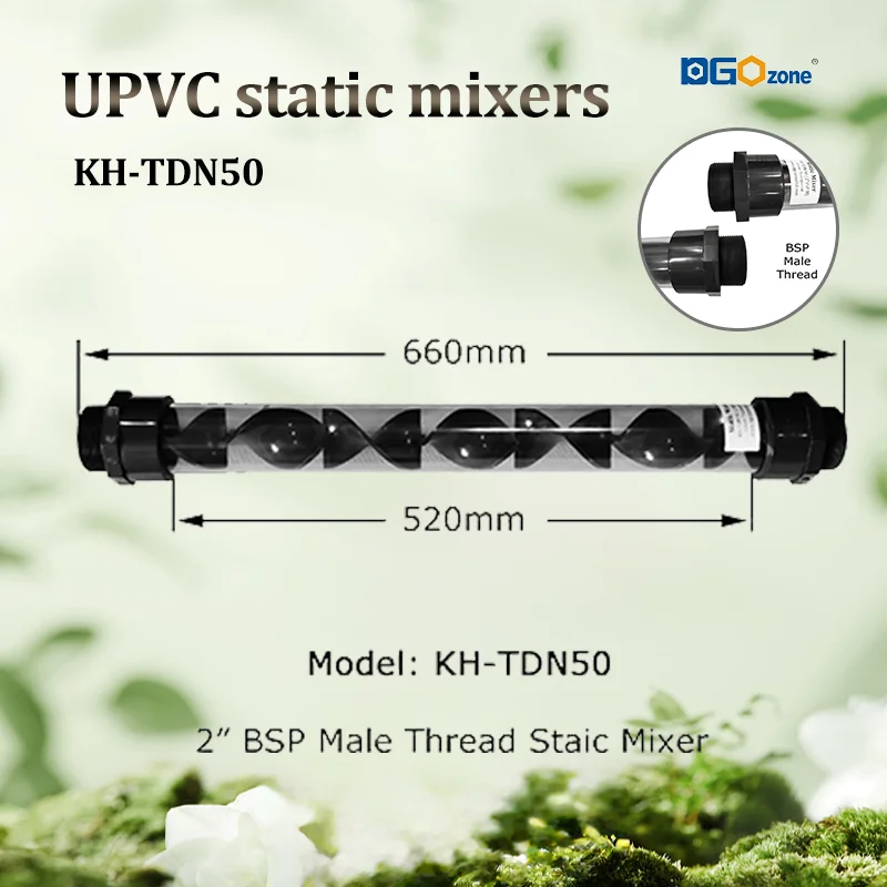 Mezclador estático de plástico de 2" (63 mm de diámetro): mezcla de gas/líquido/ozono, BSP hembra/macho, funda para pegar, bridas DGO más vendidas