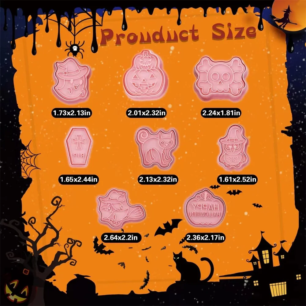 8 Halloween Cookie Cutters, 3D Spooky Raised Design Cookie Stamps, Cookie Cutter Set Frosting Decoration, Day of the Dead Decora