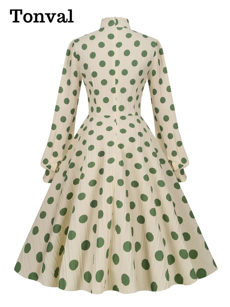 Tonval Bow Neck Bishop Sleeve Vintage Polka Dot Print Elegant Midi Dress 2023 Spring Fall Outfits Women 50s Retro Pocket Dresses