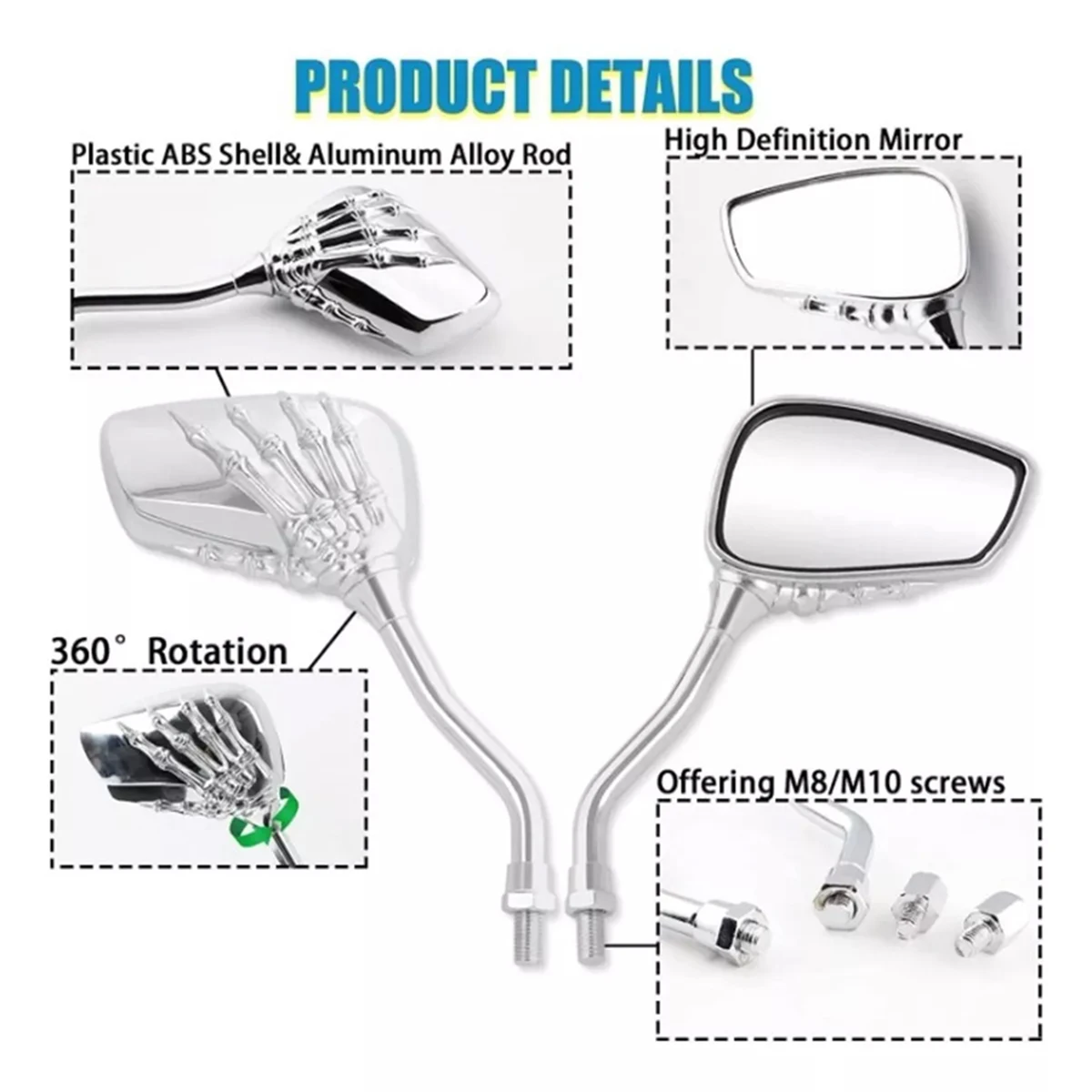 1 pair of silver universal motorcycle rearview mirrors, skull shape, universal 8mm/10mm, suitable for installation and use on mo