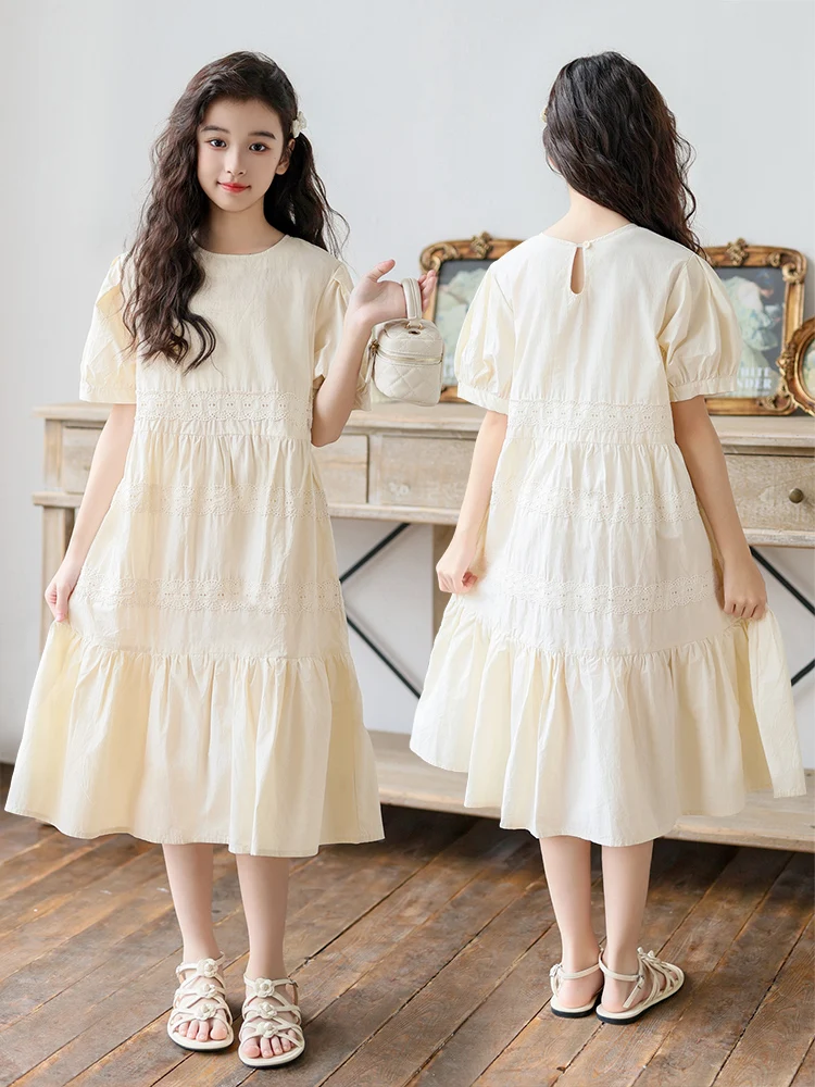 スイートプリンセス-カジュアルドレス-女の子用-夏-トレンド-コットンポリエステル混紡-半袖-aラインスカート-韓国風-子供服