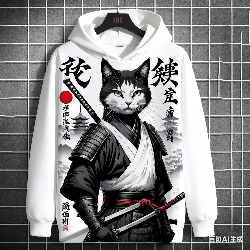

Japan Samurai Cat Print Men's Hoodies Funny 3D Animal Pattern Oversized Sweatshirts Autumn Winter Casual Pullover Fashion Coat