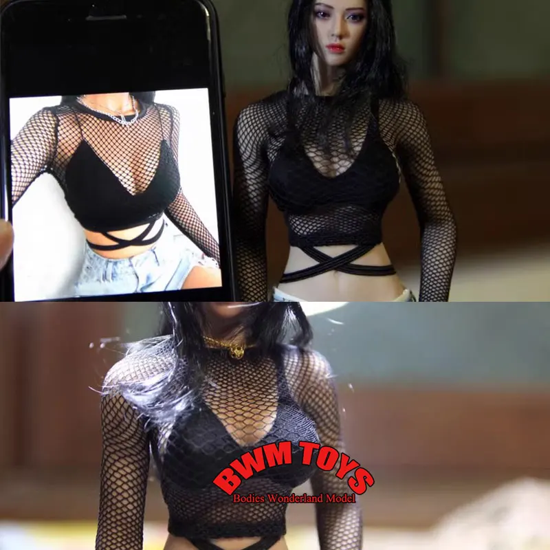 

(No Figure) 1/6 Scale Female Soldier Black Fishing Net Long Sleeved Crop Top Underwear For 12inch Action Figure Doll