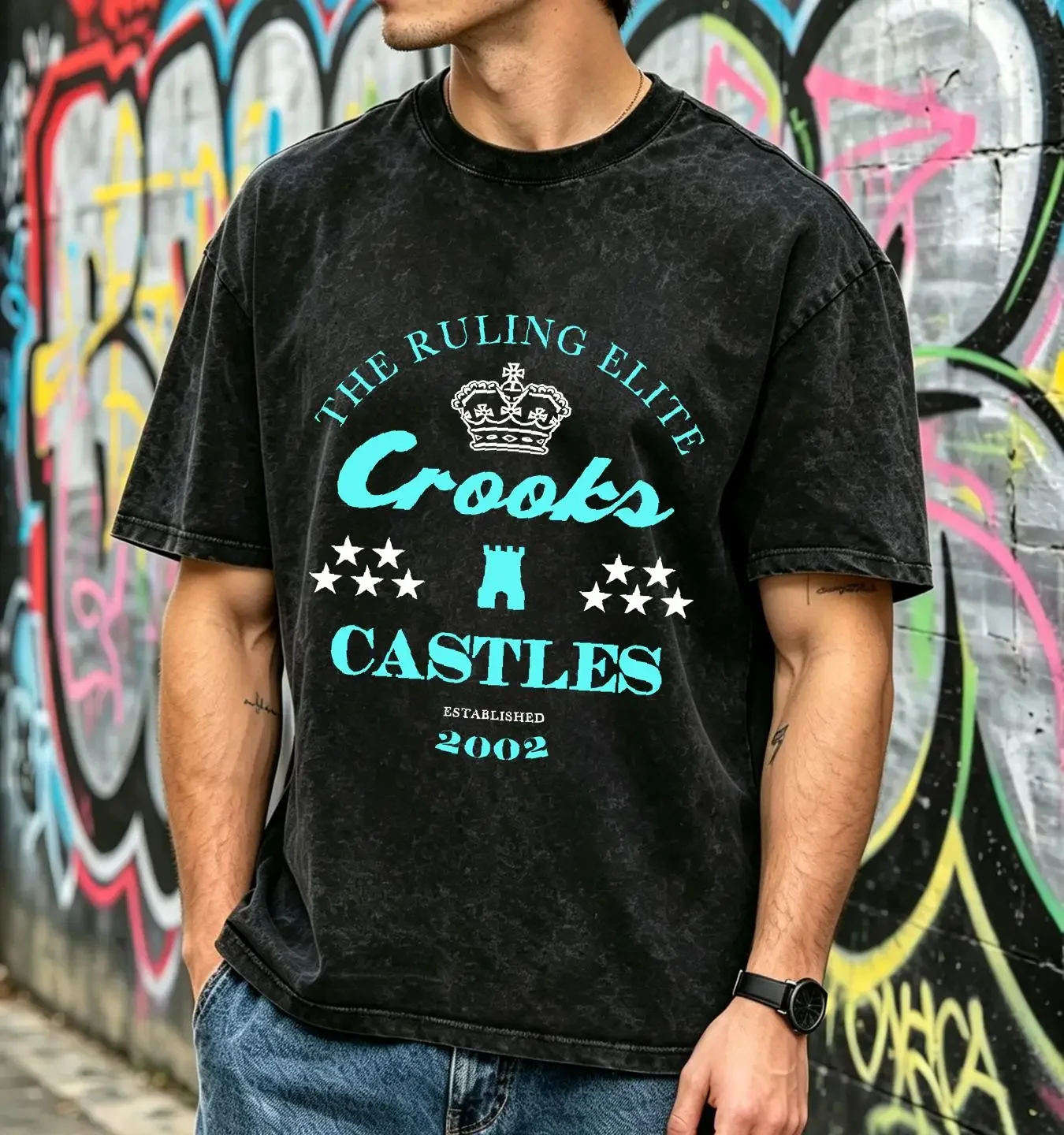 washed T Shirt Crooks Castles The Ruling Elite Large Black vintage Washed Soft graphic Versatile Stylish streetwear Slightly