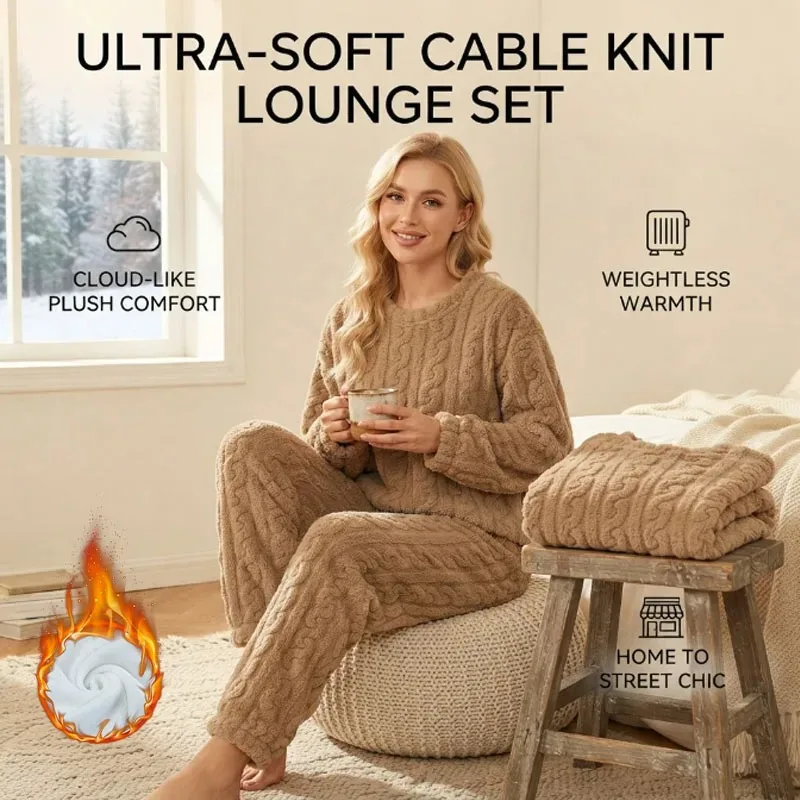 Warm Coral Fleece Jacquard Loungewear Set for Women, Soft and Cozy, Ideal for Daily Lounging, Office Wear, and Weekend Outings.