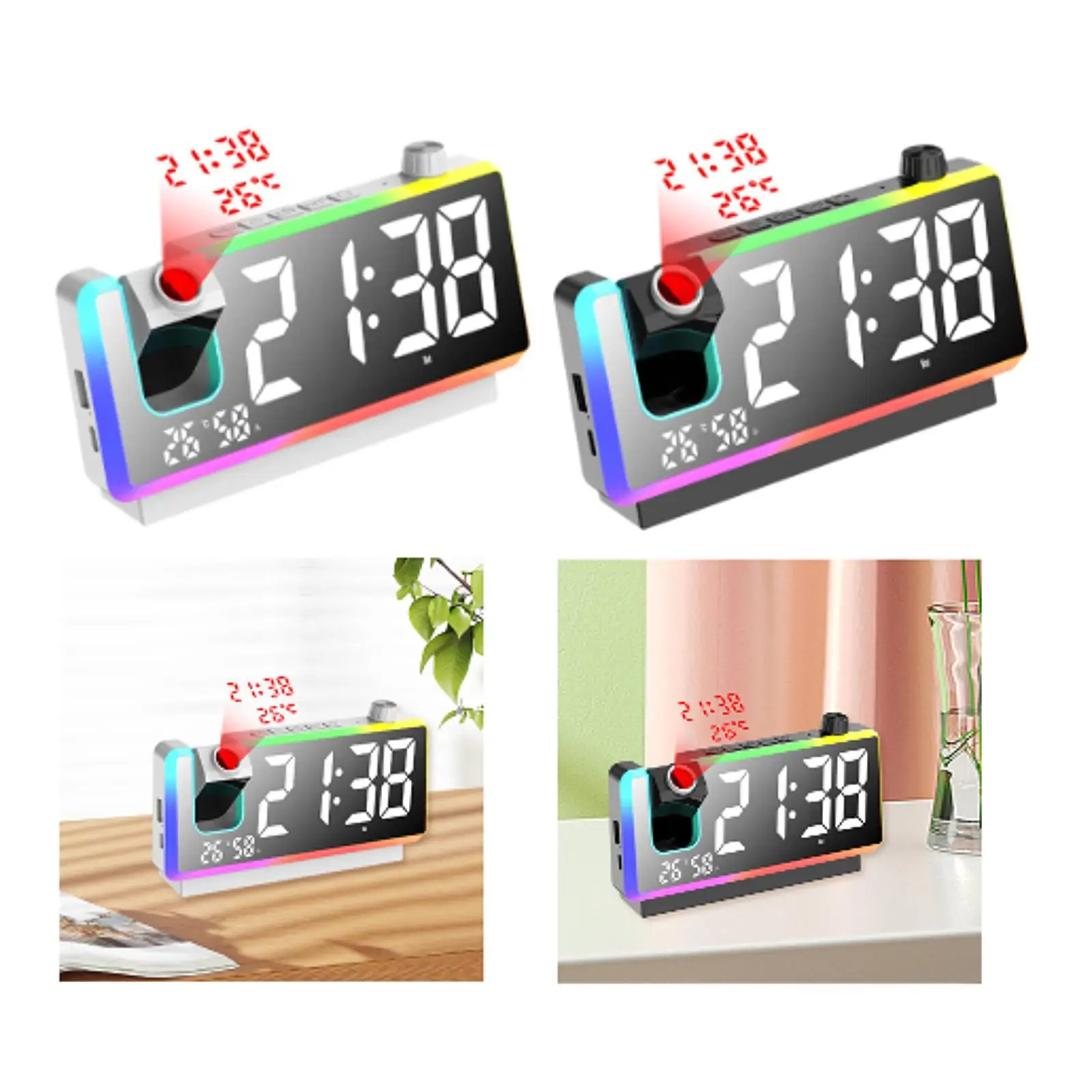 Projection Alarm Clock Dimmer Snooze 180 Projector Night Light Home Digital Clock for Office Living Room Dorm Bedside Kitchen