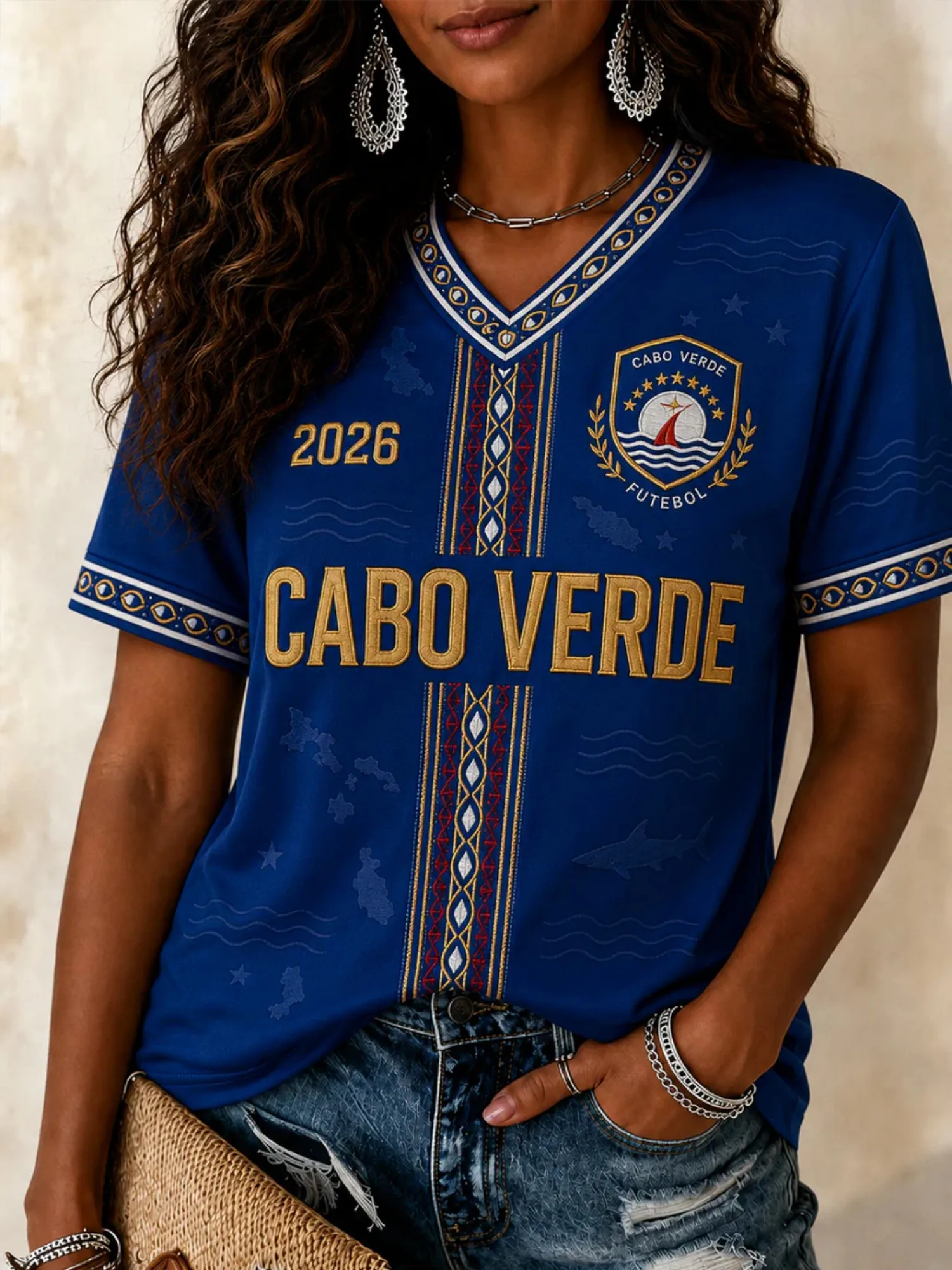 Cabo Verde Womens V Neck Football Tee 2026 Shark Wave Island Print Casual Short Sleeve Summer Top Relaxed Daily Style Beach Wear