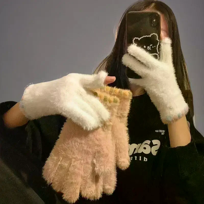 Cute Open Finger Touch Screen Plush Five Finger Gloves For Women In Winter, Warm And Thick Velvet For Cycling Students