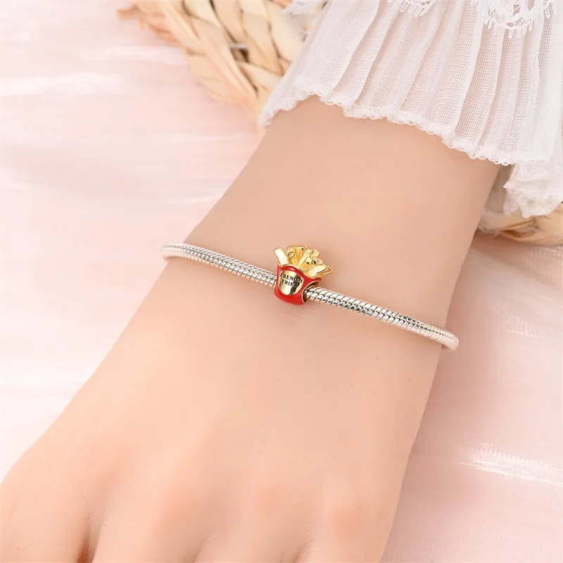 Sparkling 925 Sterling Silver French Fries Beads & Ladybug & Firefly Dangle Charm Fit Bracelet Fine Jewelry Gifts