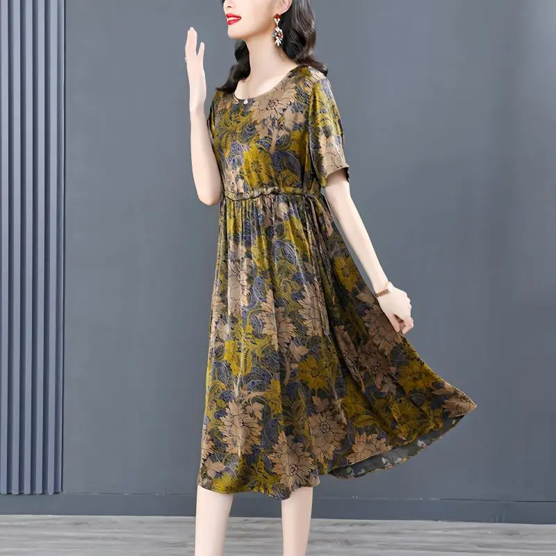 2023 Summer New Fat Mom Cover Up Large Luxury Print Dress Simple Commuter trend Print girocollo a-line Dress