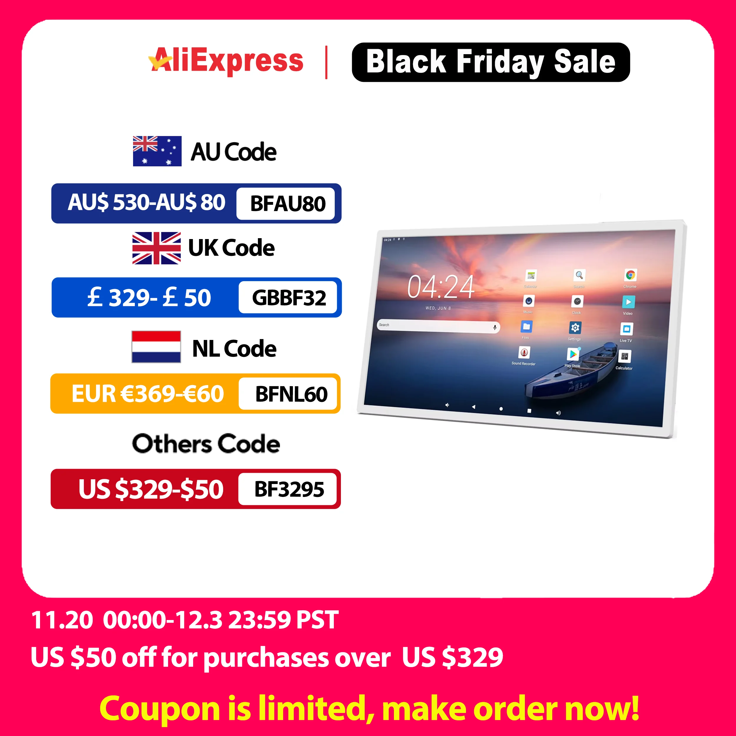 

32-дюймовый планшет Android 14 с 8-ядерным процессором, 1920*1080P Пейзаж и портретный экран Настенное крепление Белый и черный цвет HDMI IN Монитор