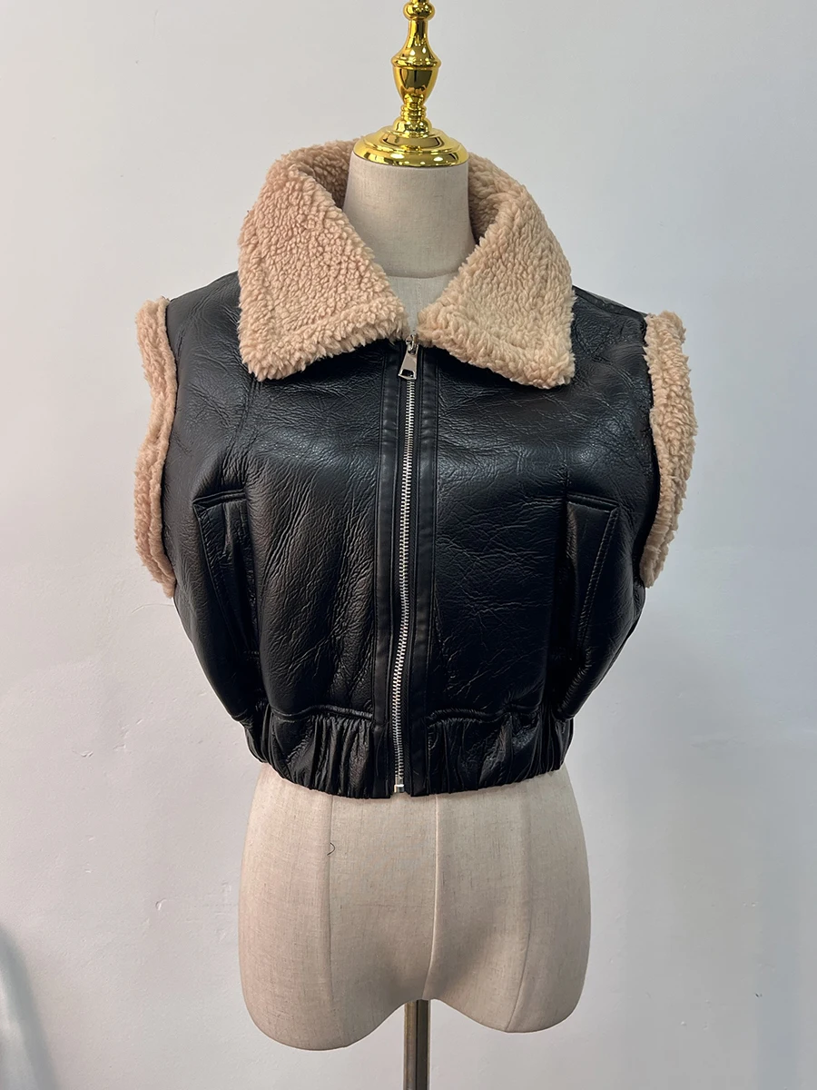 TWOTWINSTYLE Solid Minimalist Patchwork Zipper Jacket Vest For Women Lapel Sleeveless Spliced Pockets Temperament Coat Female