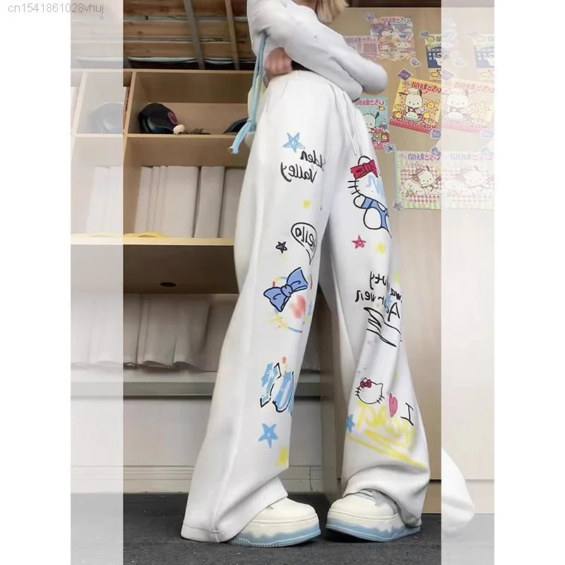 Sanrio High Street Hip Hop Sports Pants Women\'s Hello Kitty Y2k Girls Hip Hop Grunge White Trousers Female Harajuku Pants 2000s