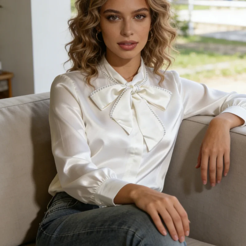 

Модная женская блузка с длинным рукавом и бантом на воротнике, однотонная, для офиса, осенняя, элегантная, повседневная, белая, 2026
