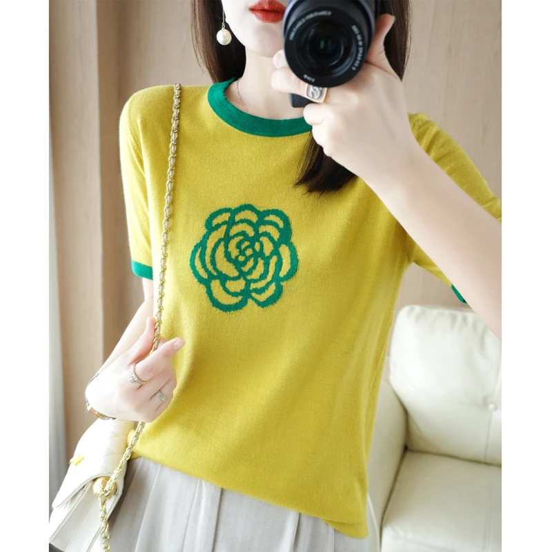 2022 spring and summer women\'s wear new round neck women\'s wear cashmere short sleeve Camellia pattern fashion trend, multi-colo