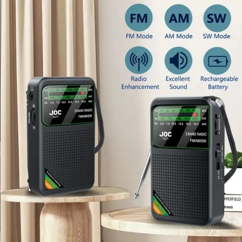 XIKCU Portable Pocket Radio FM AM SW Multi Band Receiver Built-in Speaker Pointer Type-C Rechargeable Radio With Display Screen
