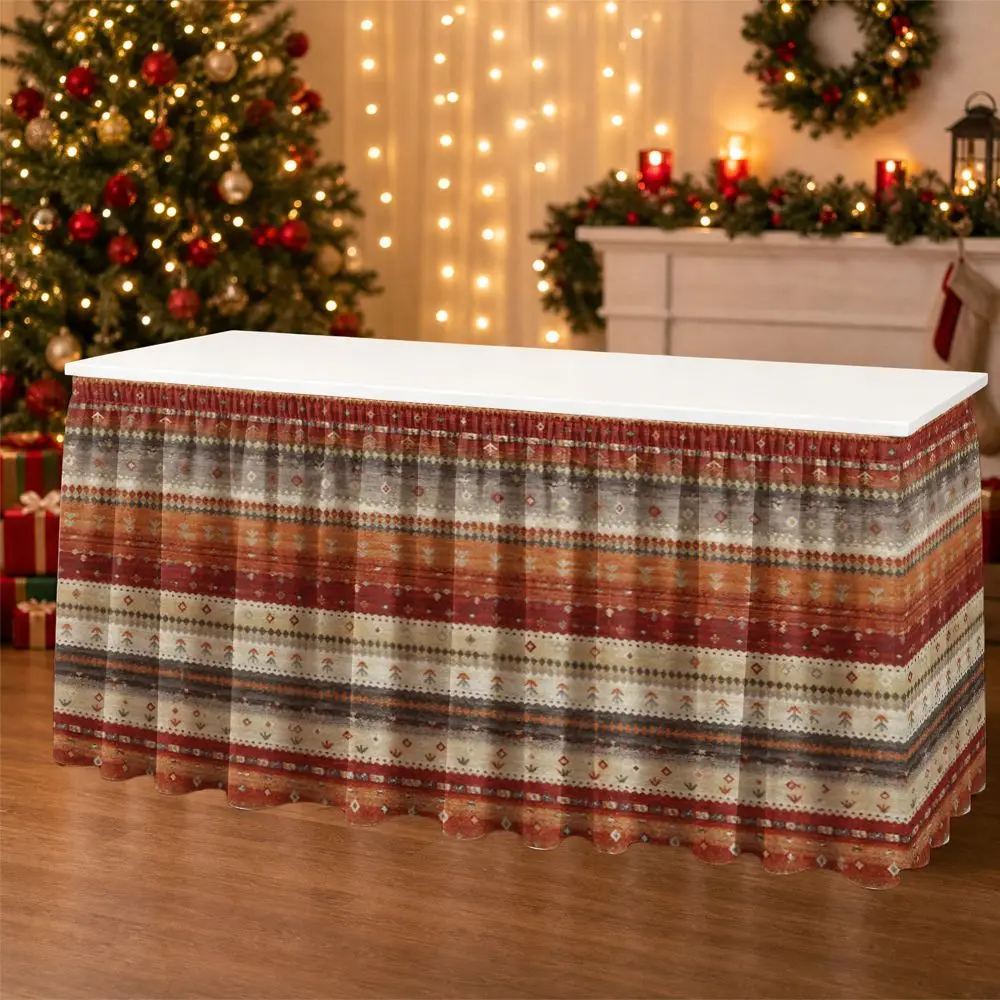 One Velcro tablecloth with a striped pattern and geometric dot details, featuring a ruffled table edge.zyc