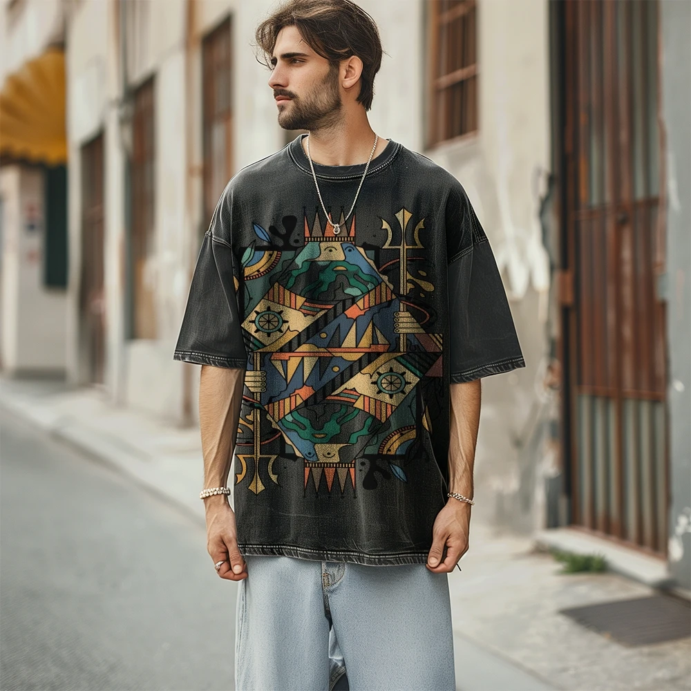 تي شيرت عتيق بأنماط فريدة مرسومة يدويًا، ملابس نسائية، تي شيرت مغسول، رسومات Y2k، مرسومة يدويًا، خارجي عتيق، تاريخي