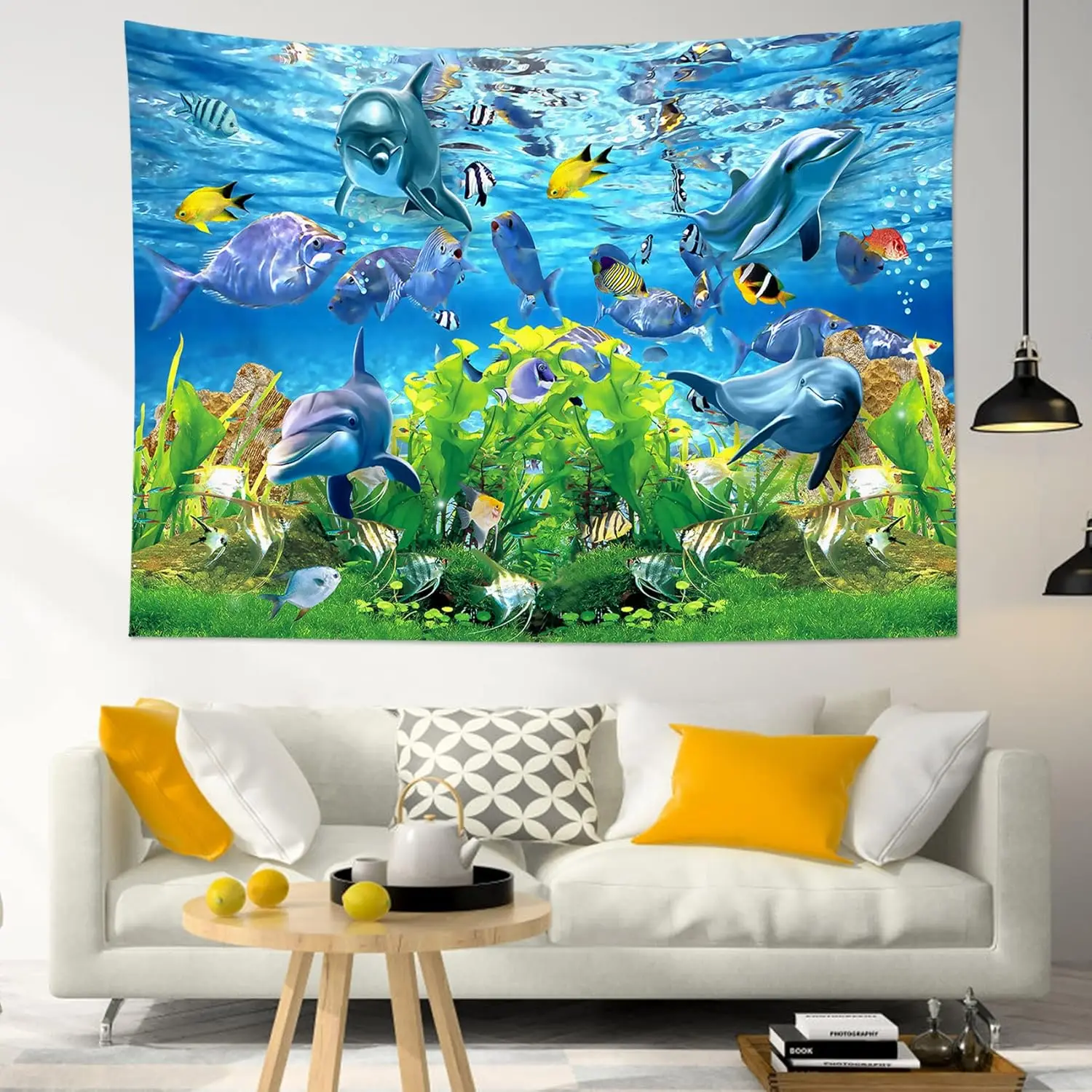 نسيج دولفين الأسماك الاستوائية والشعاب المرجانية في المحيط الأزرق جدار الفن الصيف طبيعة البحر المناظر الطبيعية نسيج الجدار الشنق ل