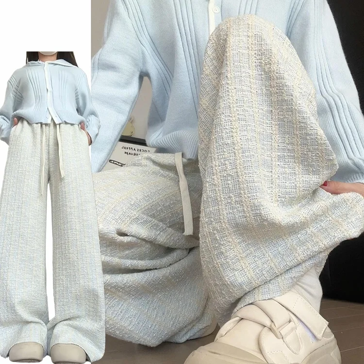 ブルーハイウエストカジュアルパンツアンチエイジングスタイル女性のための秋冬新小さいサイズ痩身ドレープフロアレングスパンツ