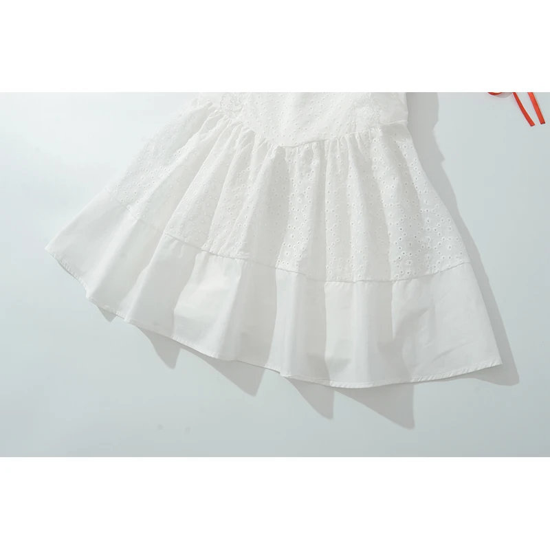 Jastie Hollow Out เย็บปักถักร้อยดอกไม้สีขาวชุดผู้หญิงวินเทจพัฟแขนโบว์ Sashes A-Line ชุดเดรสฤดูร้อนสั้น Holiday Robe