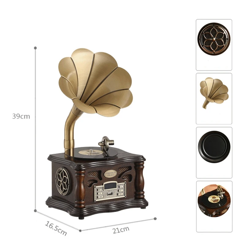 Wooden Home Vintage Ornaments Retro Bluetooth Speakers Desktop Computer Sound Box Dual Horns Subwoofer Mini Phonograph Modeling