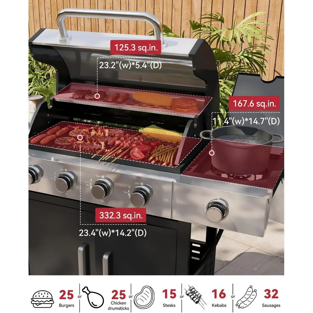 Stainless Steel 4-Burner Propane Grill, 49,000 BTU, with Side Burner and Cast Iron Grates for Outdoor Cooking