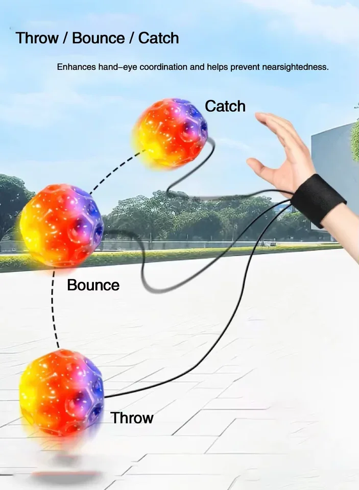 ลูกบอลมูนสโตนยืดหยุ่นสูงพร้อมเชือกเด้ง สำหรับเด็กและผู้สูงอายุ สนุกคลายเครียด ของเล่นออกกำลังกายกลางแจ้ง
