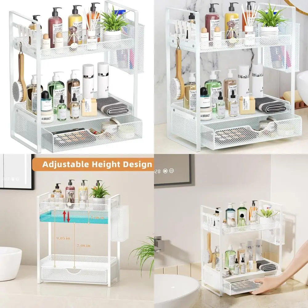 

Dual-Level Metal Mesh Vanity Organizer with Drawers and Basket Hooks for Bathroom Countertop Storage