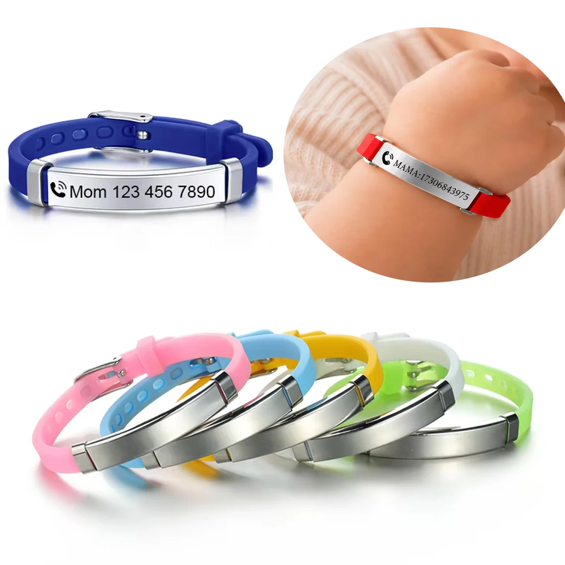 Kissmoon Personalized Baby Anti Lost Bracelet Custom Engrave Name ID Phone Number Secure Soft Silicone Kids Baby Bracelet Gift